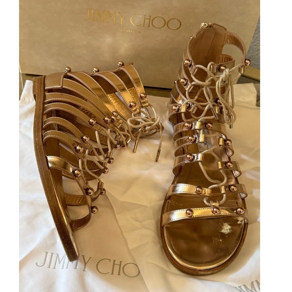 JIMMY CHOO Gigi Flat Gladiator Metallic Pewter Sandals Shoes Women 38.5 US 8.5